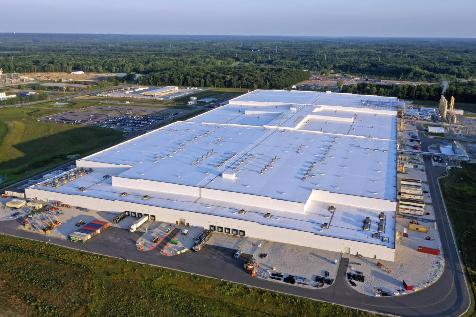 The Ultium Cell factory, a General Motors joint venture electric vehicle battery plant in Warren, Ohio, is shown on Friday, July 7, 2023. Multinational corporations are seeking to produce more items in the United States. (AP Photo/Gene J. Puskar)