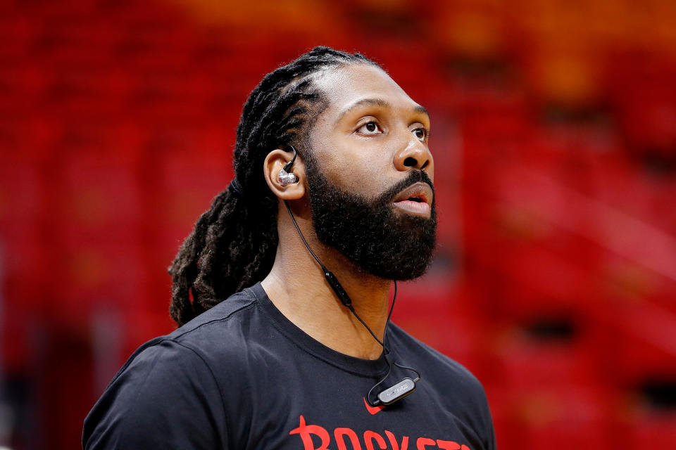 MIAMI, FL - DECEMBER 20:  Nene Hilario #42 of the Houston Rockets warms up prior to the game against the Miami Heat at American Airlines Arena on December 20, 2018 in Miami, Florida. NOTE TO USER: User expressly acknowledges and agrees that, by downloading and or using this photograph, User is consenting to the terms and conditions of the Getty Images License Agreement.  (Photo by Michael Reaves/Getty Images)