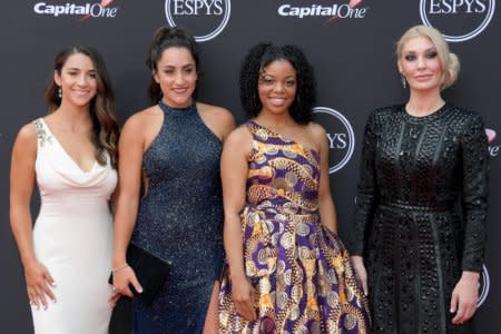 Jul 18, 2018; Los Angeles, CA, USA; American gymnasts Aly Raisman, Jordyn Wieber, Tiffany Thomas Lopez and Sarah Klein arrive for the 2018 ESPYS at Microsoft Theatre. Mandatory Credit: Kirby Lee-USA TODAY Sports