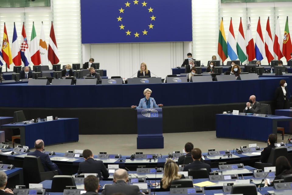 European Commission President Ursula von der Leyen delivers her speech at the European Parliament, Wednesday, Feb. 16, 2022 in Strasbourg. EU leaders Charles Michel and Ursula von der Leyen address the dire conditions in Ukraine and the diplomatic chances to avert a Russian invasion during the plenary debate at the European Parliament. (AP Photo/Jean-Francois Badias)