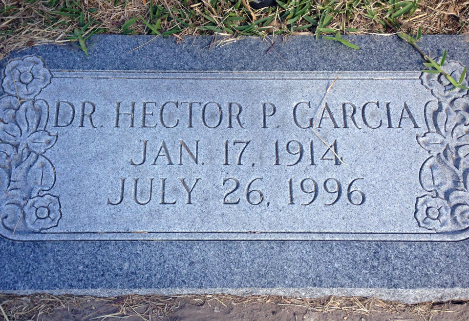 In this March 14, 2013 photo, the resting place of civil rights leader and G.I. Forum founder Dr. Hector P. Garcia is shown at the Seaside Memorial Park in Corpus Christi, Texas. The coastal Texas city's deep roots in Mexican American history is often overlooked as visitors mainly come here for a quick beach getaway. (AP Photo/Russell Contreras)