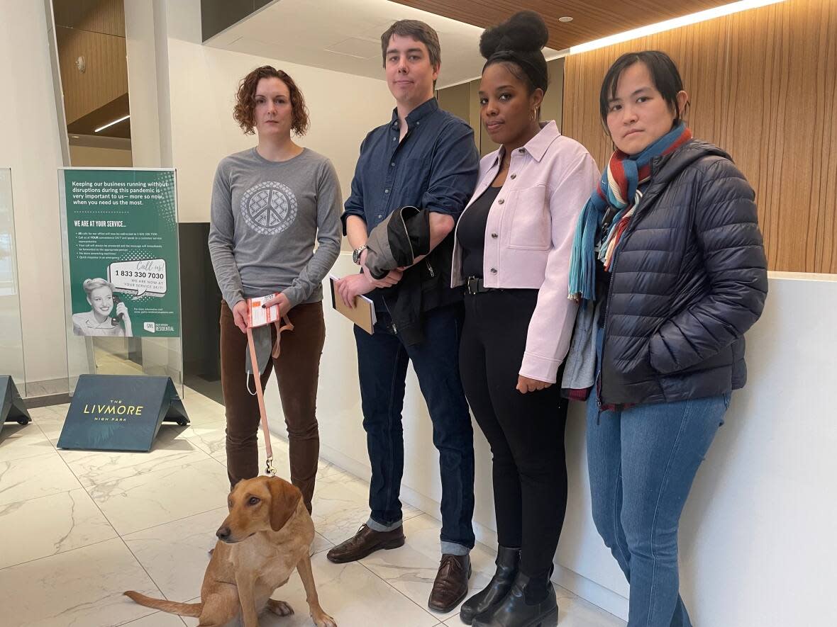 Hundreds of tenants at the Livmore High Park building in Toronto say they are organizing to fight steep rent increases of nearly 12 per cent that they have been subjected to by the building owner. From left to right: Tenants Cynthia Black, Ben Scott, Shondra Mings, Chloe Tsez. (Lorenda Reddekopp/CBC News - image credit)