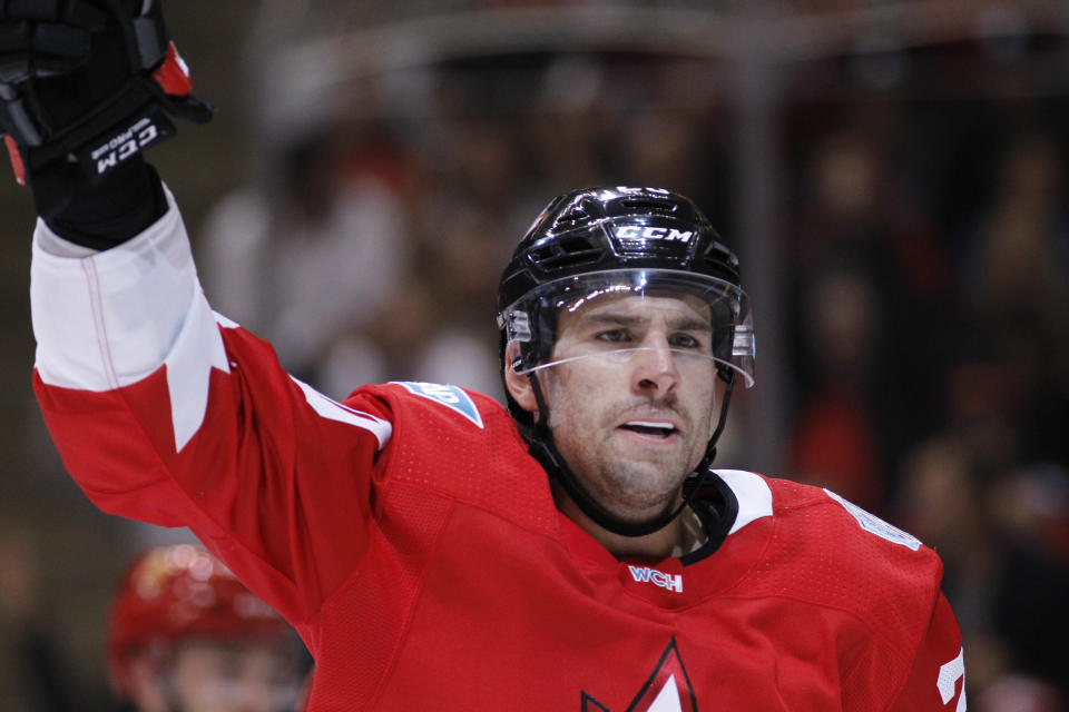 Sep 24, 2016; Toronto, Ontario, Canada; Team Canada forward John Tavares (20)  reacts after scoring against Team Russia during a semifinal game in the 2016 World Cup of Hockey at Air Canada Centre. Canada defeated Russia 5-3. Mandatory Credit: John E. Sokolowski-USA TODAY Sports