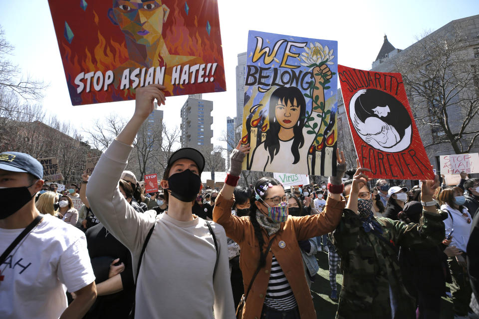 Demonstrators rally to honor shooting victims and to end attacks on Asians in Chinatown in New York City on March 21, 2021. (John Lamparski / Sipa USA via AP file)