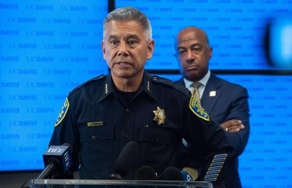 UC Davis Police Chief Joseph Farrow speaks about the recent stabbings in Davis, one of which killed student Karim Abou Najm, as UC Davis Chancellor Garry May listens on Tuesday, May 2, 2023.