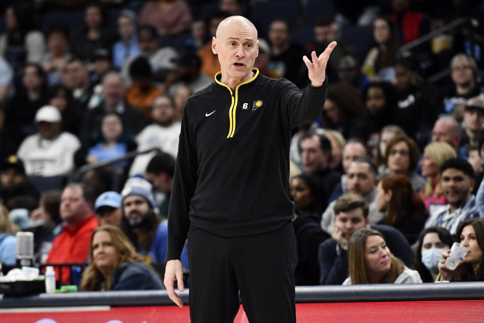 Indiana Pacers head coach Rick Carlisle calls to players in the first half of an NBA basketball game against the Memphis Grizzlies, Sunday, Jan. 29, 2023, in Memphis, Tenn. (AP Photo/Brandon Dill)