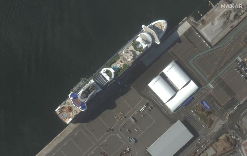 An aerial view shows cruise ship Diamond Princess, some of whose passengers tested positive for coronavirus, in port Yokohama