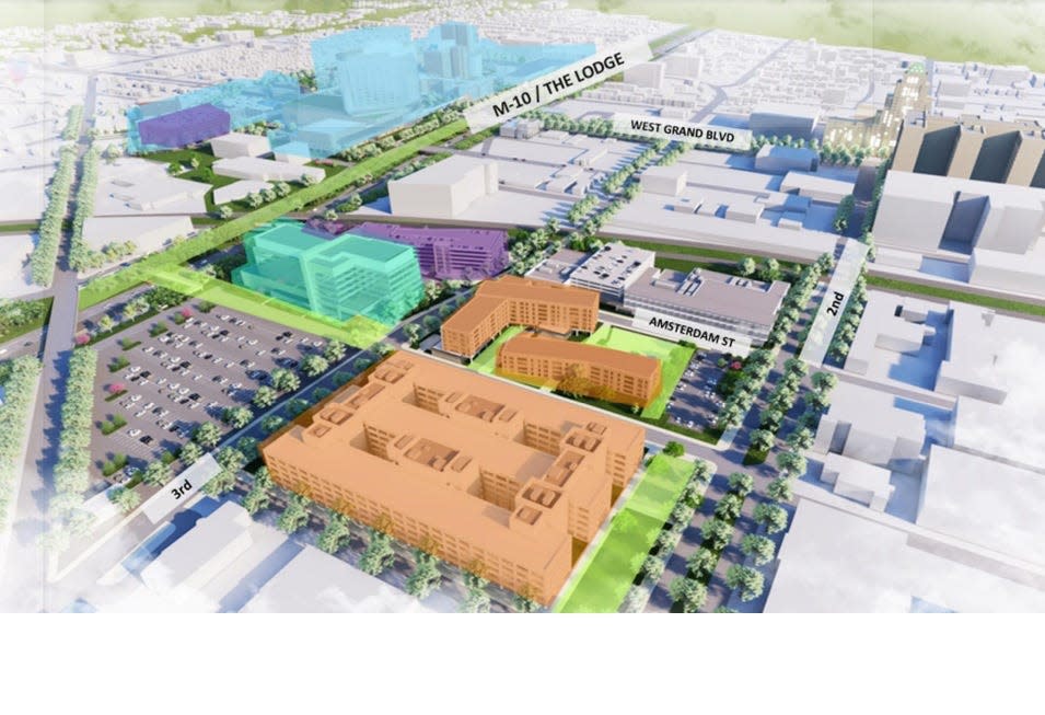 Orange is proposed new housing. Green is the joint Henry Ford-MSU research center. Light blue is the Henry Ford Hospital expansion. Purple is parking.