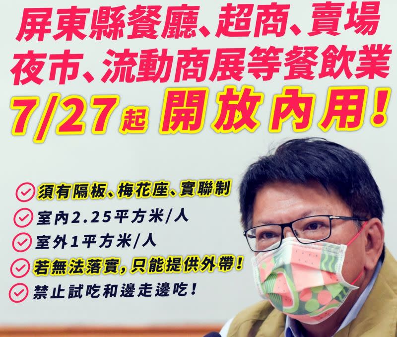 ▲屏縣府配合中央今日再宣佈降為二級警戒，決定開放餐廳內用、婚宴及公祭、宗教場所有條件開放、長照社福及幼關懷據點等恢復正常運作。（圖／截自潘孟安臉書, 2021.07.23）