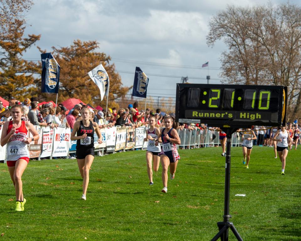 Cathedral Prep's Sarah Clark (336) tries to catch Bloomsburg's Maizy Aikey at the end of the PIAA Class 2A girls cross country championships at Hershey Parkview course on Saturday.