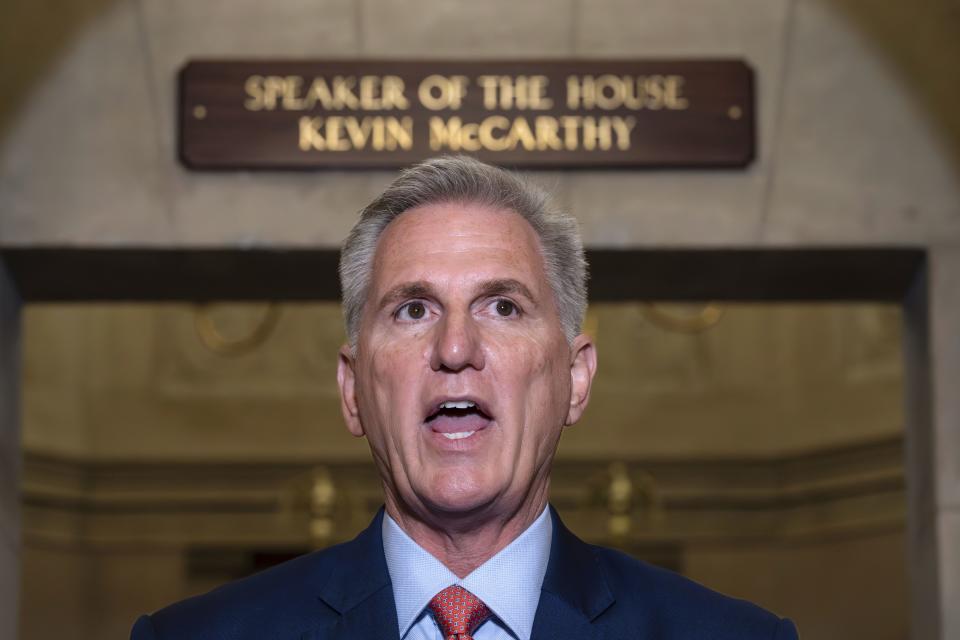 Speaker of the House Kevin McCarthy, R-Calif., speaks at the Capitol in Washington, Tuesday, Sept. 12, 2023. McCarthy says he’s directing a House committee to open a formal impeachment inquiry into President Joe Biden. | J. Scott Applewhite, Associated Press
