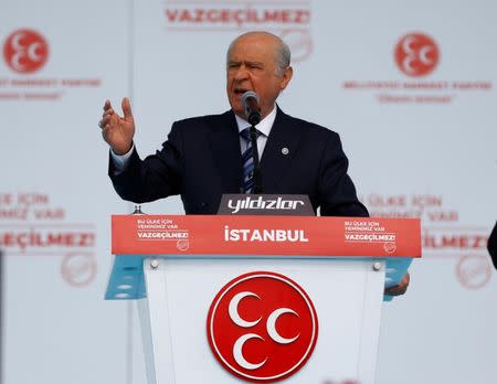 FILE PHOTO: Nationalist Movement Party (MHP) leader Devlet Bahceli addresses his supporters during a rally for the upcoming referendum, in Istanbul, Turkey, April 9, 2017. REUTERS/Osman Orsal