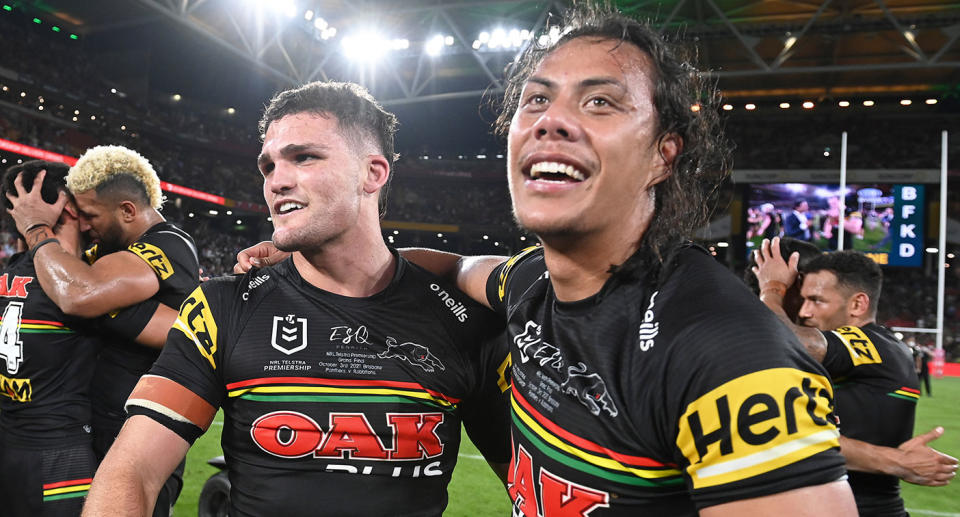 Nathan Cleary and Jarome Luai have won three NRL grand finals together with the Penrith Panthers. Pic: Getty