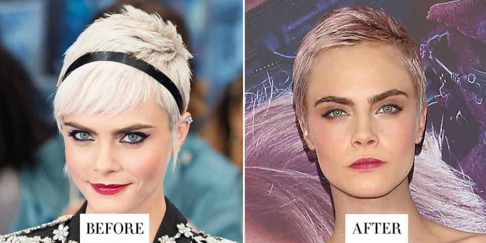 <p><strong>When:</strong> 2 August</p><p><strong>Style change:</strong> Delevingne debuted a new rose gold hair colour while attending the Mexican premiere of <em>Valerian</em>. She chose similar blush pink make-up to complement the look. </p>