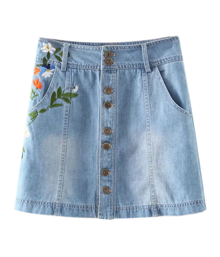 Abracadabra Blue Lightwash High Waist Embroidery Denim Mini Skirt