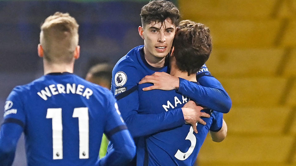 Pictured here, Kai Havertz celebrates with Chelsea teammates in the win over Everton. 