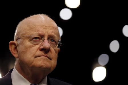 Director of National Intelligence (DNI) James Clapper testifies before a Senate Intelligence Committee hearing on "Worldwide threats to America and our allies" in Capitol Hill, Washington February 9, 2016. REUTERS/Carlos Barria