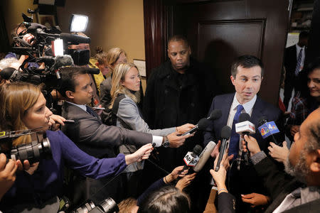 U.S. 2020 Democratic presidential candidate Pete Buttigieg speaks to media after addressing the 2019 National Action Network National Convention in New York, U.S., April 4, 2019. REUTERS/Lucas Jackson