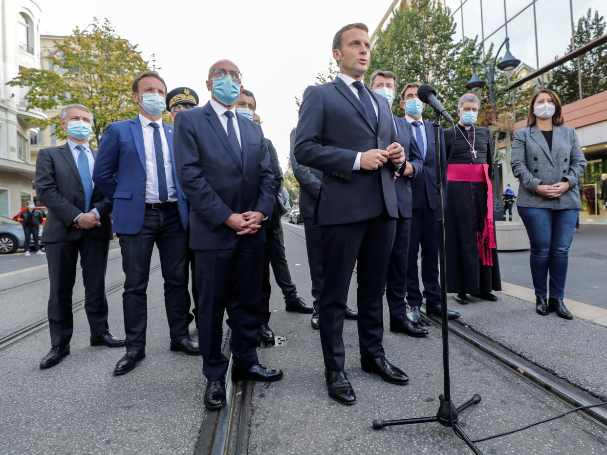  Emmanuel Macron addressing  the press outside the Notre-Dame de l’Assomption Basilica in Nice on 29 October after a knife-wielding man kills three people at the church (POOL/AFP via Getty Images)