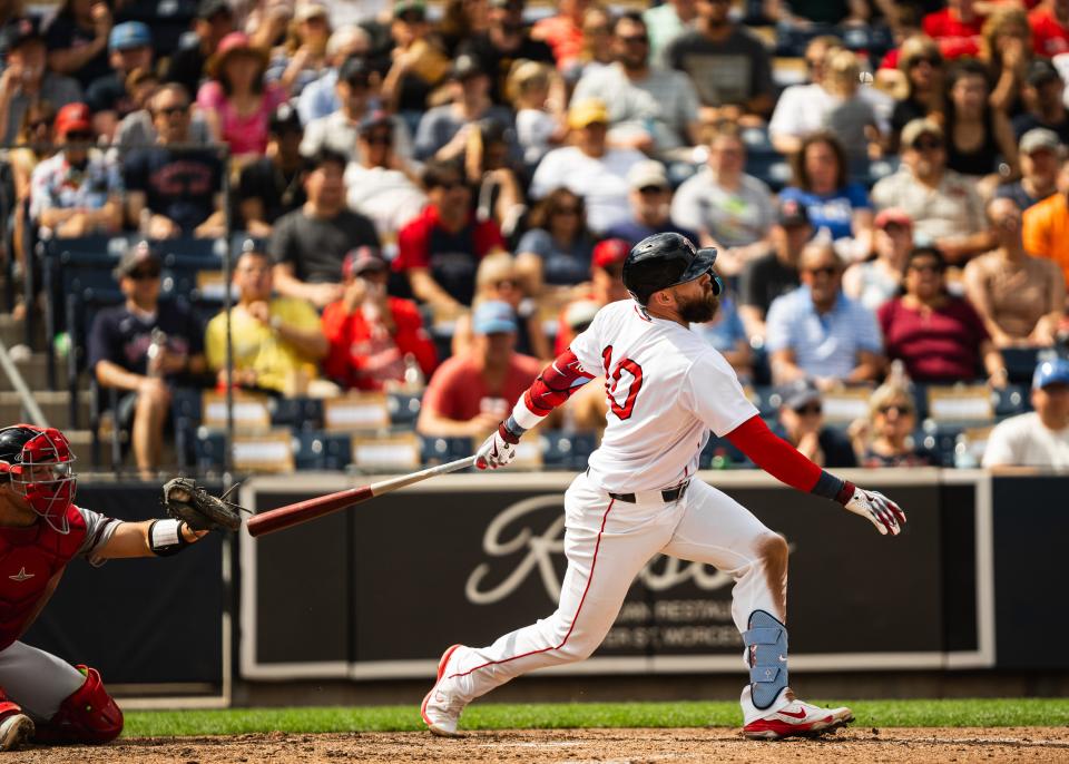 Red Sox player Trevor Story swings the bat during his rehab start with Triple-A Worcester at Polar Park on Sunday.