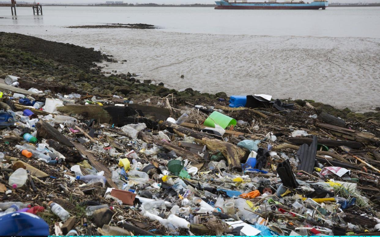 Plastics line the shore of the Thames Estuary in Cliffe, Kent - Getty