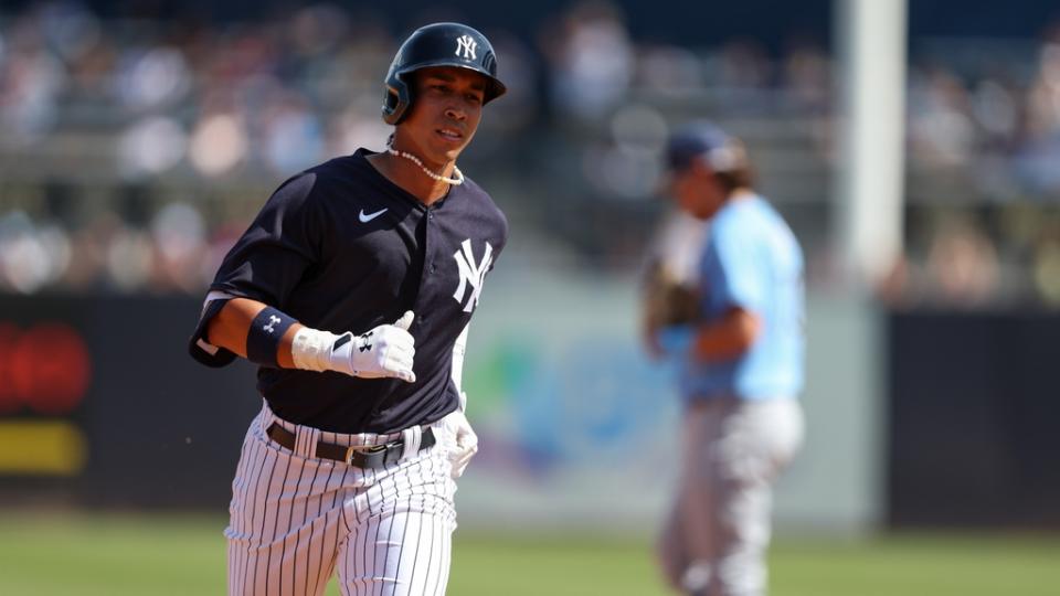 Mar 4, 2023; Tampa, Florida, USA; New York Yankees right fielder Oswaldo Cabrera (95) runs the bases after hitting a three-run home run against the Tampa Bay Rays in the third inning during spring training at George M. Steinbrenner Field.