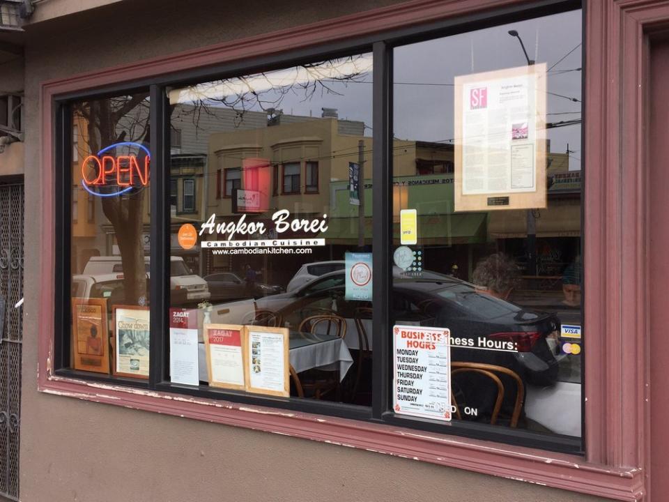 Angkor Borei earned accolades from Zagat, SF Weekly, and SFGate, which are displayed on its window.