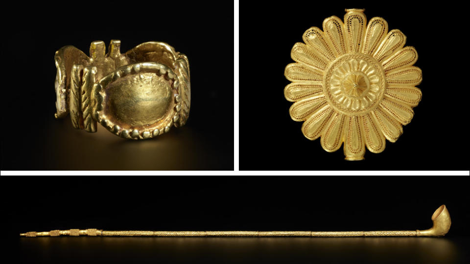 Composite image showing an Asante gold ring, a cast gold badge worn by the king's 