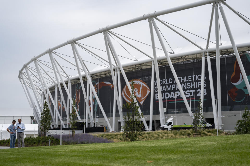 A view of Budapest's National Athletics Centre, on Wednesday, Aug. 9, 2023. The National Athletics Centre will be the main venue for the World Athletics Championships in Budapest from 19-27 August 2023. (AP Photo/Denes Erdos)