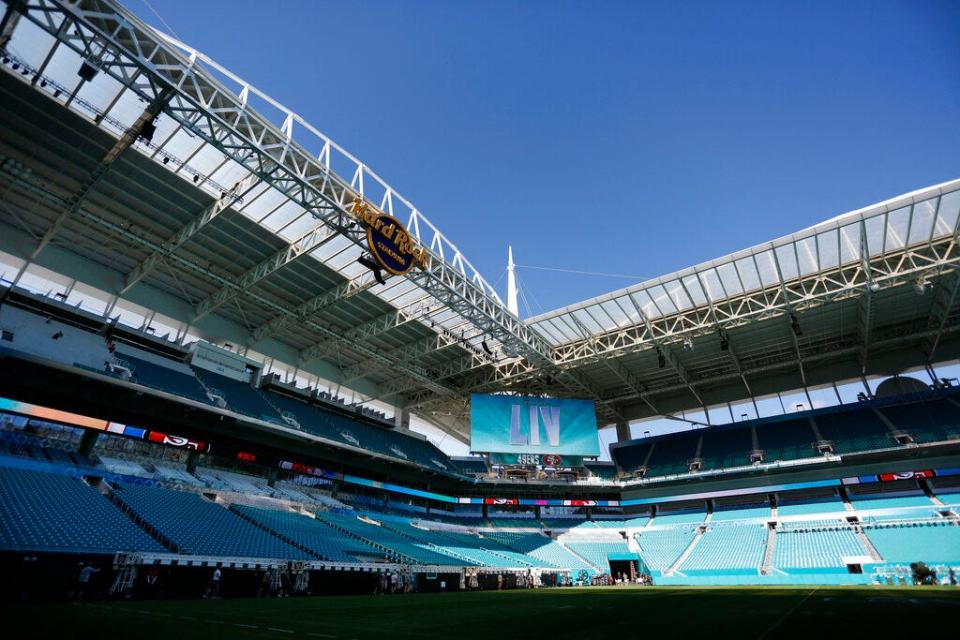 Preparations are underway during a tour of the Hard Rock Stadium on Tuesday, Jan. 21, 2020, ahead of the NFL Super Bowl LIV football game in Miami Gardens, Fla.
