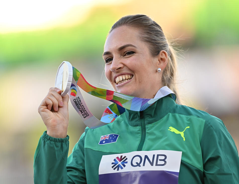 Kelsey-Lee Barber, pictured here with her gold medal at the world championships.