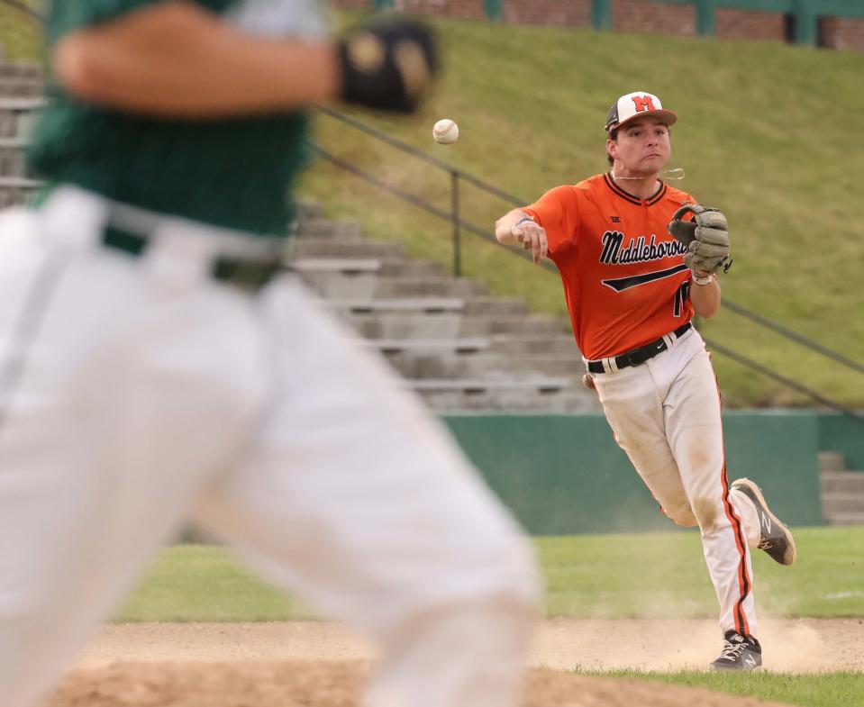 Middleboro third baseman Conor Kelleher throws out the Abington runner at first base during a game on Tuesday, May 16, 2023.