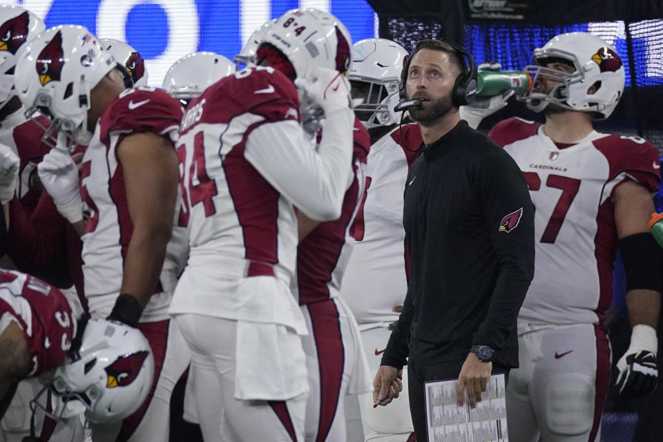 Arizona Cardinals head coach Kliff Kingsbury watches from the sideline during the second half of his team's NFL wild-card playoff football game against the Los Angeles Rams in Inglewood, Calif., Monday, Jan. 17, 2022. (AP Photo/Mark J. Terrill)