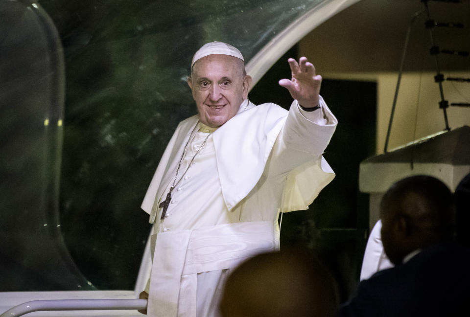 Pope Francis waves to crowds as he arrives at the Apostolic Nunciature in the capital Maputo, Mozambique Wednesday, Sept. 4, 2019. Pope Francis is opening a three-nation pilgrimage to southern Africa with a strategic visit to Mozambique, just weeks after the country's ruling party and armed opposition signed a new peace deal and weeks before national elections. (AP Photo/Ben Curtis)