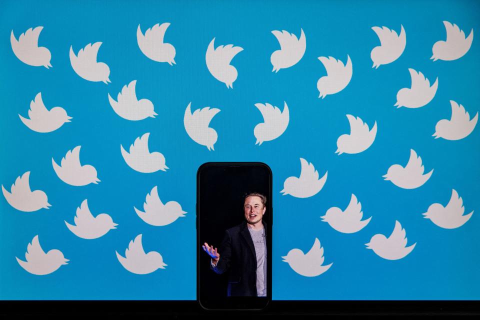 Elon Musk shown on a cellphone that's leaning against a computer monitor filled with Twitter logos in Washington, D.C., on Aug. 5, 2022.