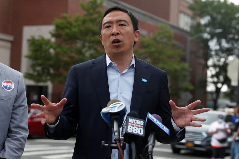 Democratic candidate for New York City Mayor Andrew Yang speaks to reporters in The Bronx borough of New York City