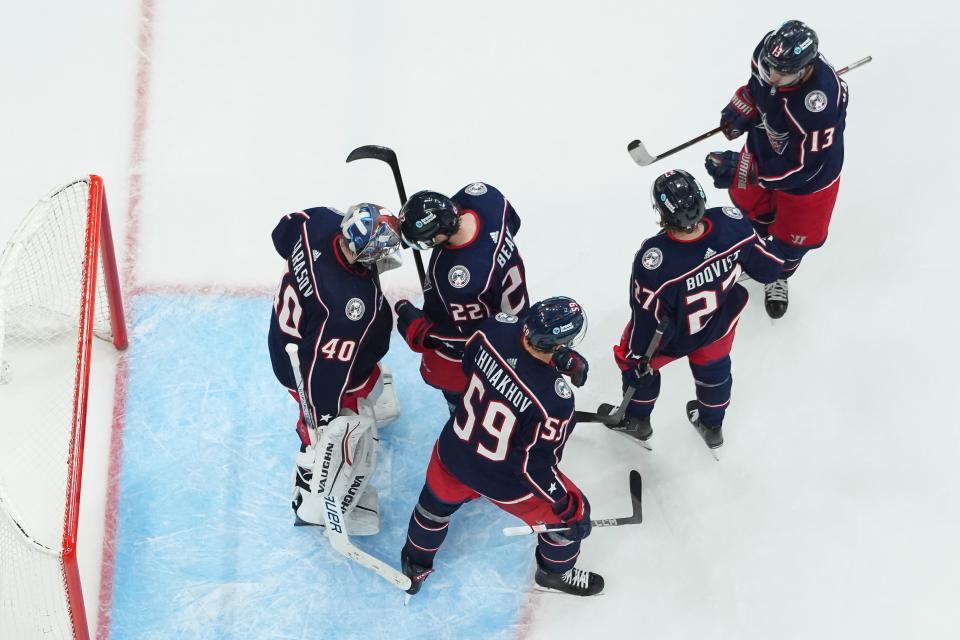 Mar 4, 2024; Columbus, Ohio, USA; Teammates line up to congratulate Columbus Blue Jackets goaltender Daniil Tarasov (40) following their 6-3 win over the Vegas Golden Knights in the NHL hockey game at Nationwide Arena.