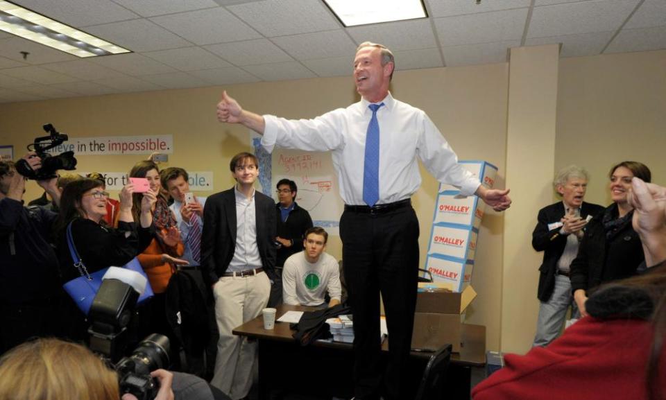 Presidential candidate Martin O’Malley speaks to workers at his Iowa campaign headquarters in Des Moines in February 2016.