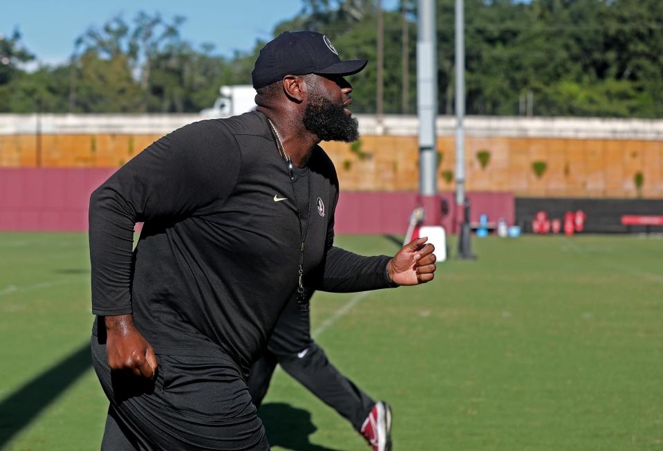 FSU Offensive Line Coach Alex Atkins during practice on Tuesday, Aug. 2, 2022 in Tallahassee, Fla. 
