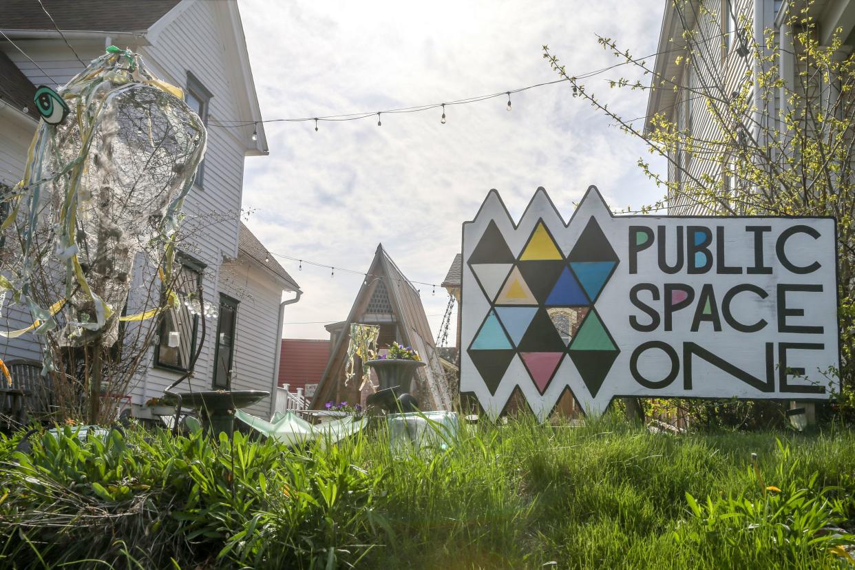 A sign for Public Space One’s north location is pictured Thursday, April 25, 2024 at 229 N. Gilbert St. in Iowa City, Iowa.