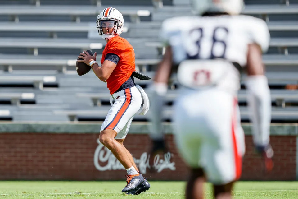 Auburn quarterback Payton Thorne (1) during a scrimmage at Jordan-Hare Stadium on Aug. 12, 2023.