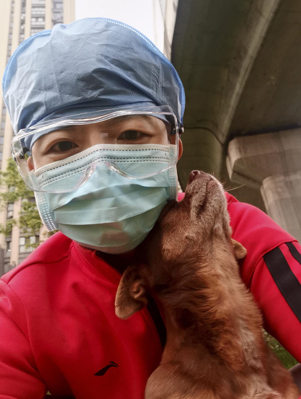 In this photo released by Chinese nurse Zhang Dan, she poses for a photo with Doudou, a street dog she fed while working in Wuhan in central China's Hubei province Sunday, April 5, 2020. Zhang was among the first to respond to the call for help in China's coronavirus epicenter. The 36-year-old nurse worked through grueling days, ministering to patients who needed assistance from breathing to merely eating. She struggled — but then, a little street dog helped her through. (Zhang Dan via AP)