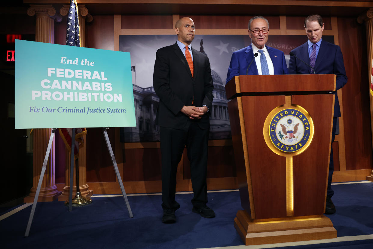 Senate Majority Leader Chuck Schumer (D-NY) joined Sen. Cory Booker (D-NJ) and Sen. Ron Wyden (D-OR) to unveil their plan to end federal marijuana prohibition. (Photo by Kevin Dietsch/Getty Images)