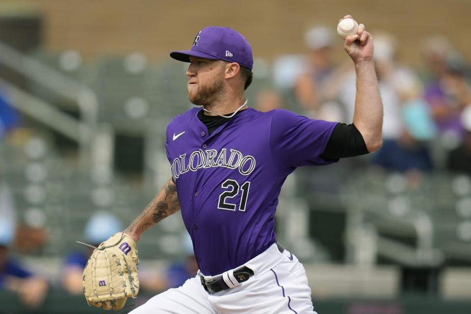 Colorado Rockies starting pitcher Kyle Freeland throws against the Texas Rangers during the first inning of a spring training baseball game Wednesday, March 6, 2024, in Scottsdale, Ariz. (AP Photo/Ross D. Franklin)