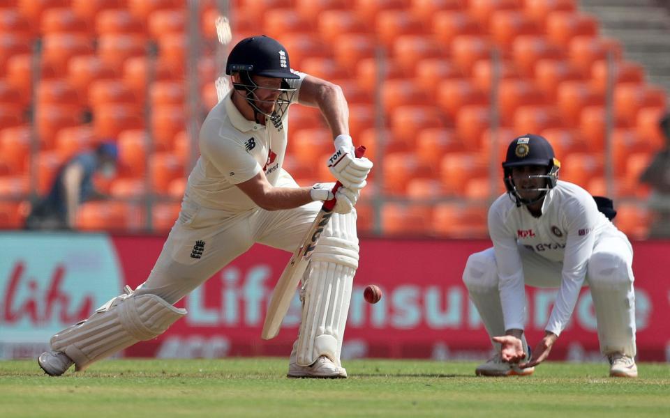 England's Jonny Bairstow, left, bats during the first day of fourth cricket test match between India and England at Narendra Modi Stadium in Ahmedabad, India, Thursday, March 4, 2021. - AP Photo/Aijaz Rahi