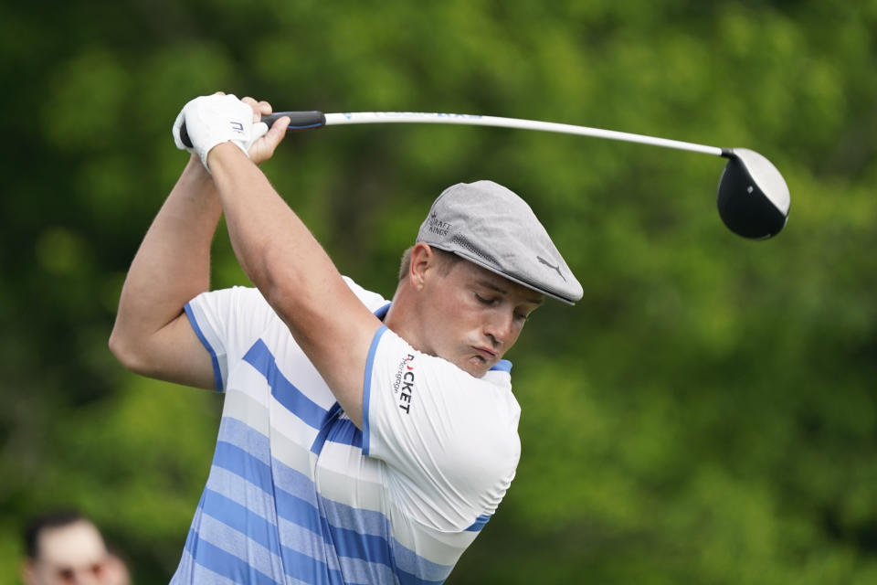 Bryson DeChambeau tees off on the 10th hole during the first round of the Memorial golf tournament, Friday, June 4, 2021, in Dublin, Ohio. (AP Photo/Darron Cummings)