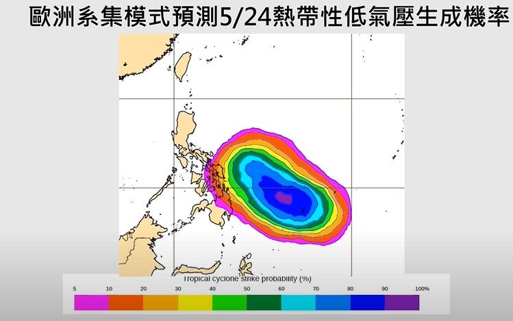  賈新興預估，周五菲律賓東方外海熱帶性低氣壓生成機率約8至9成。（圖／翻攝自賈新興YouTube頻道）