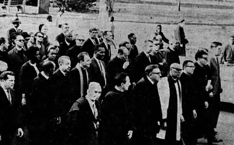 Plainfield clergymen and civic leaders head a march on Sunday, April 7, 1968, to memorial services at Crescent Avenue Presbyterian Church in Plainfield. The march began at the Shiloh Baptist Church in Plainfield.