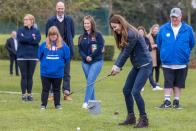 <p>The Duchess of Cambridge tried her hand at golf while visiting young people supported by the Cheesy Waffles Project, a charity for children and adults with special needs. The group played sports at the Belmont Community Center in Durham, UK. <br></p>