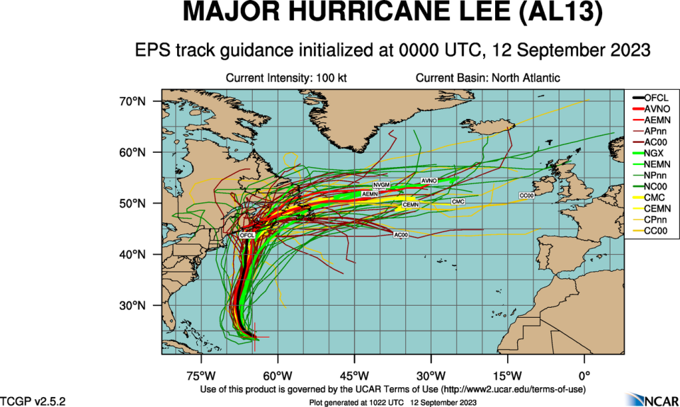 A spaghetti model showing the potential paths of Hurricane Lee, Sept. 12, 2023.  / Credit: National Center for Atmospheric Research/University Corporation for Atmospheric Research